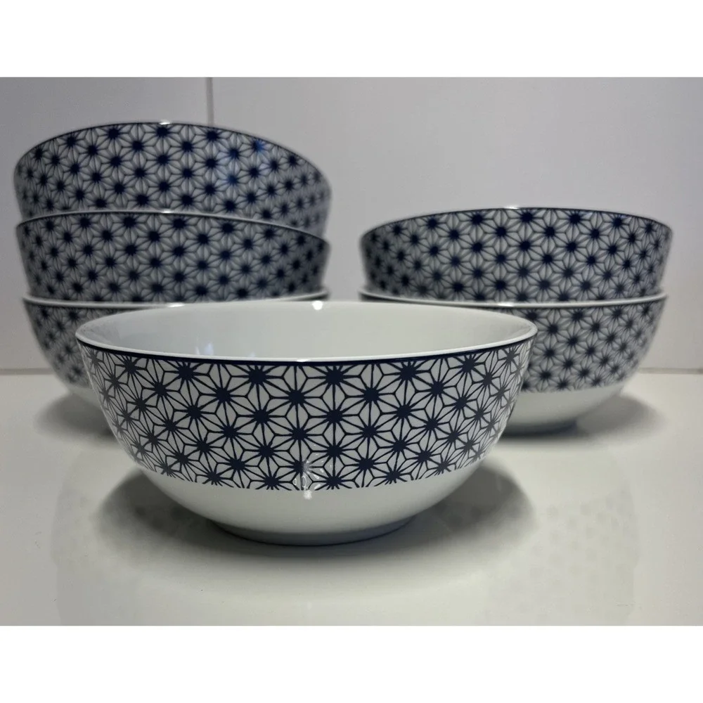 MIKASA Stoneware AVERY MEDLEY BLUE Geometric Design Bowls Set of 6